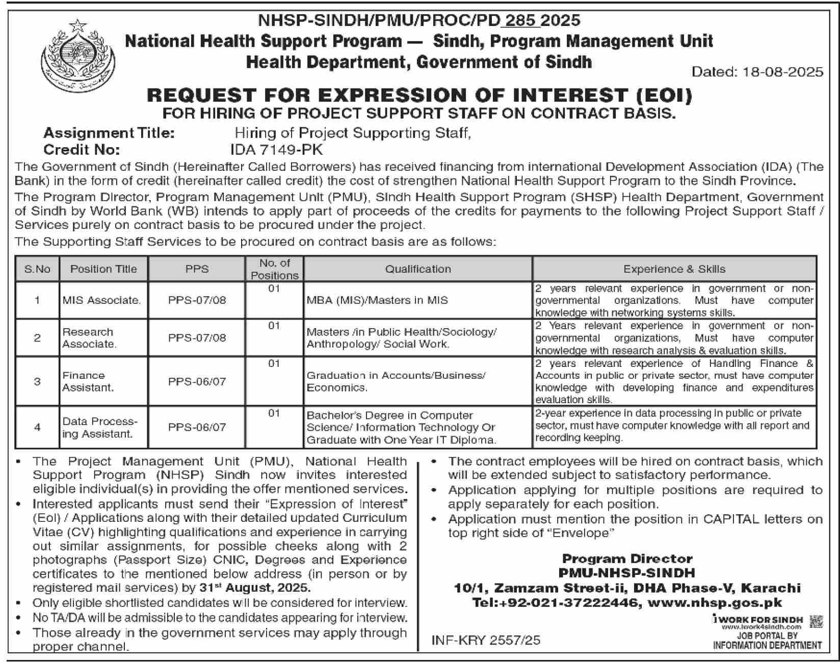 National Health Support Program Karachi Tender Notice